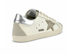 Golden Goose Super-Star With Gold Glitter Star and Ice-Gray Suede Inserts