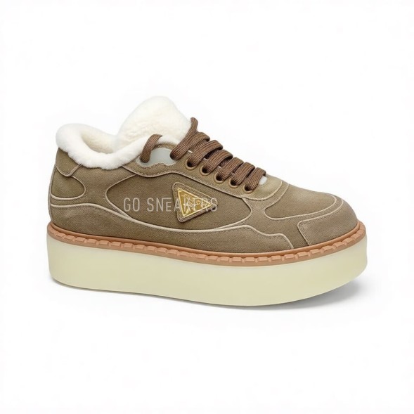 Женские зимние кроссовки на платформе Prada Platform Suede Winter Beige