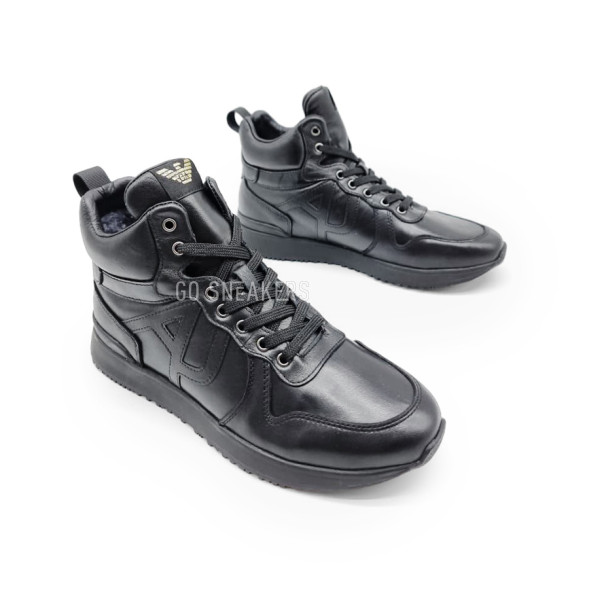 Мужские зимние кроссовки Armani Excahange Winter Leather Black Hight